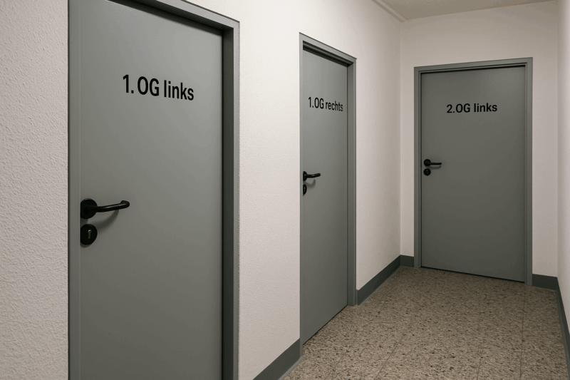 Flur im Keller mit weißen Türen und Beschilderung